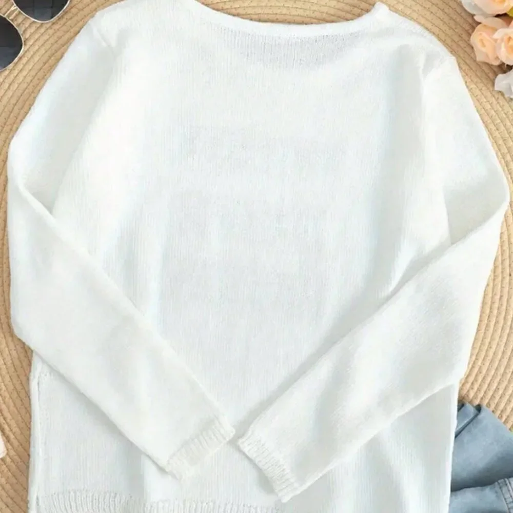 White Casual Women's Round Neck Long Sleeve Side Split Letter Knitted Sweater